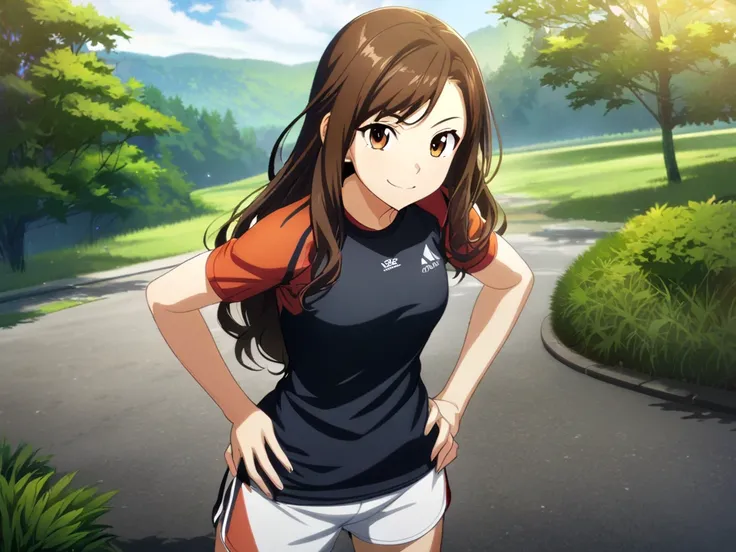 1girl, smile, hands on hips, shorts, athletic clothing, short sleeves, solo, brown hair, long hair, outdoors, game cg, highres, Looking at viewer