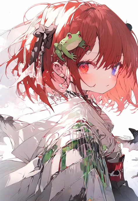 Girl, red hair, tall, short hair, frog hair pin, heterochromia. 