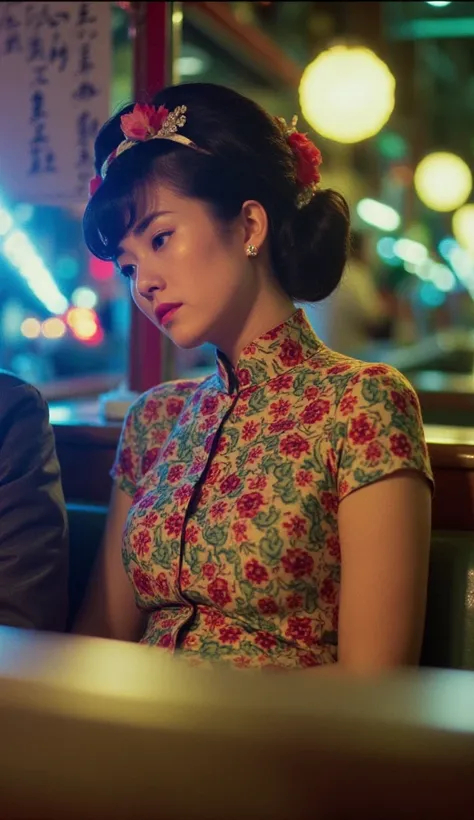  Wong Kar-Wais cinematography style，Film Aesthetics， movie camera，Stills， Woman in a 1950s style dress, perfectly  detailed beautiful face, Half Body, cosmetic,  Skirts and Petticoats , Curly hair style,  Sitting in a vintage restaurant ,  Surrounding with...