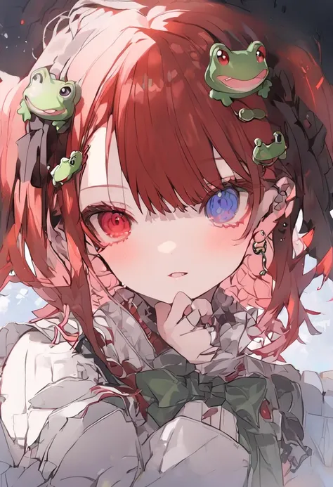 Girl, red hair, tall, short hair, frog hair pin, heterochromia. 