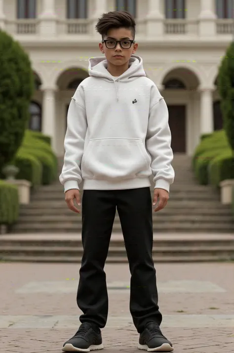 Make a 3D 20 years gangster boy which is standing on the floor and wearing  white hoodie and black pant and wearing  black glasses there was a beautiful villa in the background 