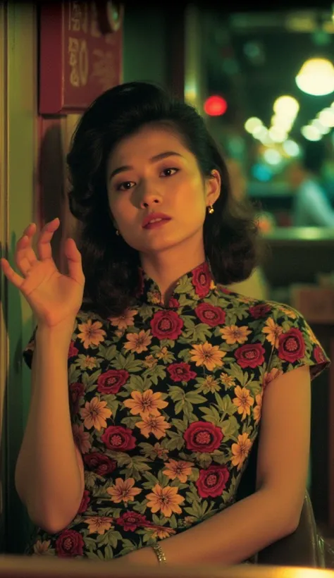  Wong Kar-Wais cinematography style，Film Aesthetics， movie camera，Stills， Woman in a 1950s style dress, perfectly  detailed beautiful face, Half Body, cosmetic,  Skirts and Petticoats , Curly hair style,  Sitting in a vintage restaurant ,  Surrounding with...