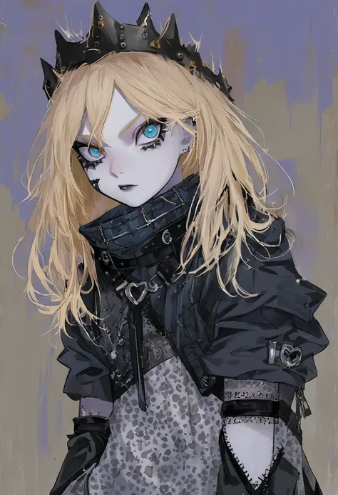 1boy, white skin, teenager, blond hair, blue eyes,Gothic punk outfit