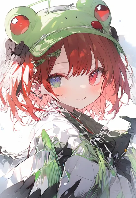 Girl, red hair, tall, short hair, green frog hat, heterochromia. 