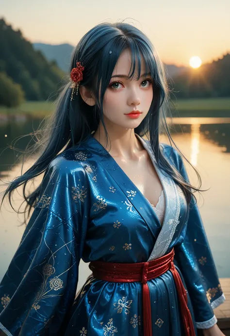 score_9, score_8_up, score_7_up, Western Comics, Portrait, girl, cute, seductive, innocent, light smile:0.3, plump lips, slender body, floating blue hair, long hair, water:0.7, waterdrop, wet, high detailed blue kimono texture, intricate pattern, ultra det...