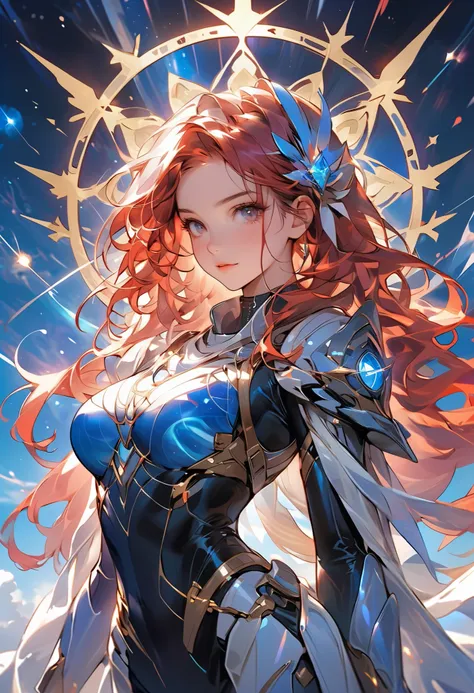 space war, 8K resolution, masterpiece, Highest quality, Award-winning works, unrealistic, Only sexy women, healthy shaped body, Age 25, White wavy long hair, hair band, huge firm bouncing busts, Space Commander&#39;s Armor, Complex Armor, royal coat of arm...