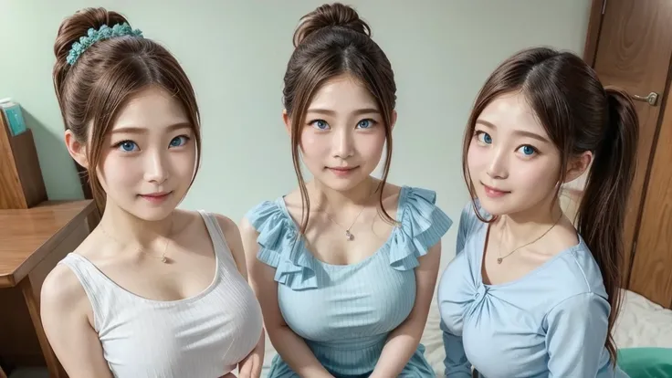 ( 3 girls), smile、  look into the camera 、  Diamond Necklace、 pigtail,  Random Bust Dress 、  Smooth and elastic material  .、  Open Upper Arms  、  Knee-Length Blue Green Striped Socks Extra Long Ponytail 、 Close range shot  、  flower hair ornaments、 Blindfo...