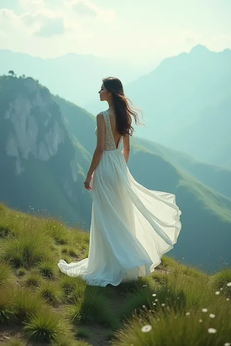  Realistic image of a woman wearing a long white dress, on top of a mountain with lots of grass 