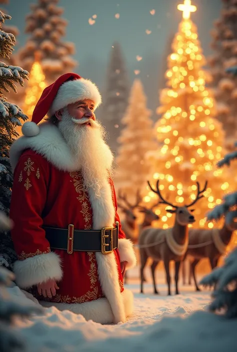 Give me an image of a man dressed as Santa Claus on the side, many golden Christmas trees, together there are reindeer and a sleigh, the whole body looking forward dressed as Santa Claus