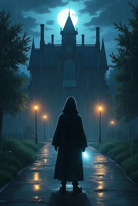  Create a long anime-style landscape image . anime ,dramatic digital art .  A man, black hooded dress  , carrying a flashlight ,  Standing at the entrance of the haunted mansion .  It seems determined ,  but a little apprehensive about entering .  a humid ...