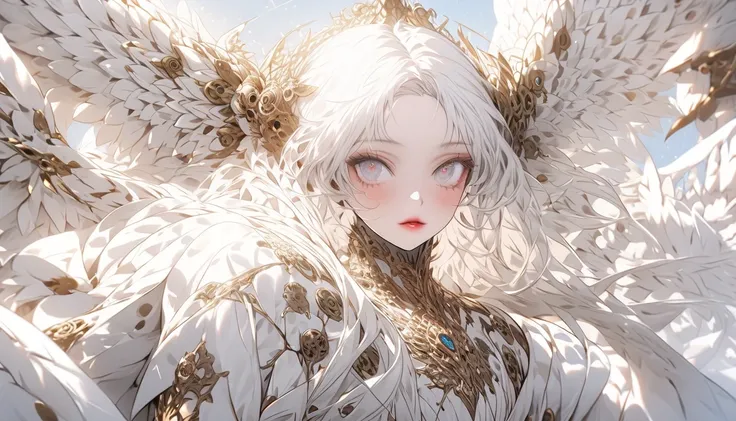 ((Original photo)), (( Masterpiece)), anthropomorphic humanoid Angel Girl with noble white robe,  intricate details ,  Gribbles&#39; intricate works, The sky behind, rosa, beautiful wings,  detailed eyes and lips 
