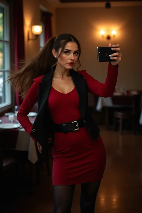 A woman with brown hair with a ponytail , At night in the restaurant , Selfie standing,  black pantyhose ,  black belt, red long sleeve dress, black vest