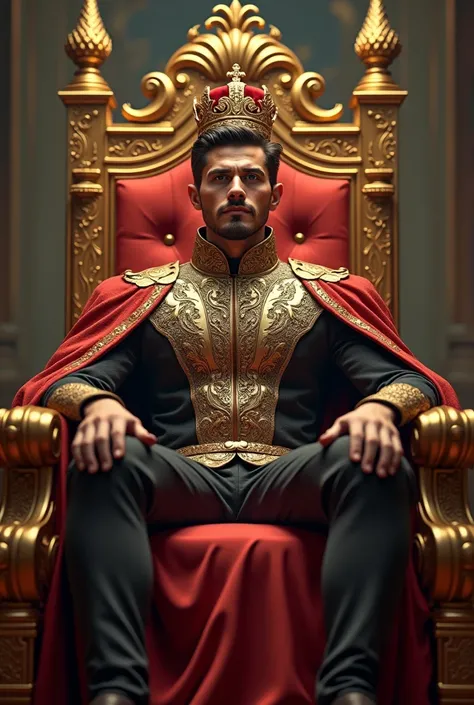 A handsome young man who looks like a superior king wearing a crown and wears an impressive modern costume on his golden throne with an impotent aura 