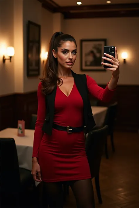 A woman with brown hair with a ponytail , At night in the restaurant , Selfie standing,  black pantyhose ,  black belt, red long sleeve dress, black vest