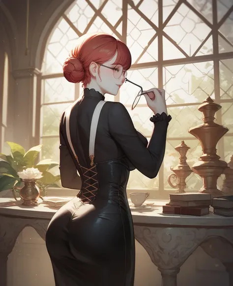 
Princess with a sweet look and a tender face with reddish hair tied in a low bun, with bangs, ojos color rosado,  white skin ,  long sleeve black dress with a neckline , round glasses, Showing bare ass, Interior environment, historical environment ,  fron...