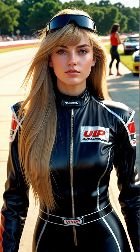 A young American girl in her early-20s with very long straight dirty blonde hair and a petite hourglass figure dressed in a black full-body car racing suit on a very sunny, scorchingly hot and humid summer afternoon in Houston, Texas, USA 🇺🇸 during the lat...