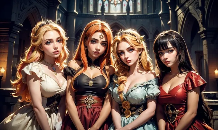 fantasy setting. close up. standing bunched in together. ((2 unique lovely princesses:1.5)), unique personalities, ((each with a unique expression on face:1.5)), (((each with a unique natural hair colored:1.5))), ((red hair)), ((blond hair)), ((black hair)...