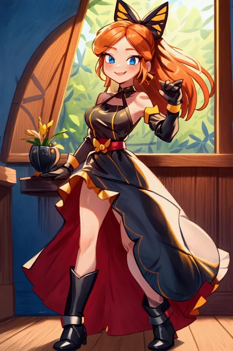 "Masterpiece, best quality, 1 girl, orange long hair, ponytail in hair, blue eyes, standing indoors with intricate details and sunlight. black and yellow frilled dress with short neckline, black gloves, black butterfly belt, earrings, black boots. Sweet sm...