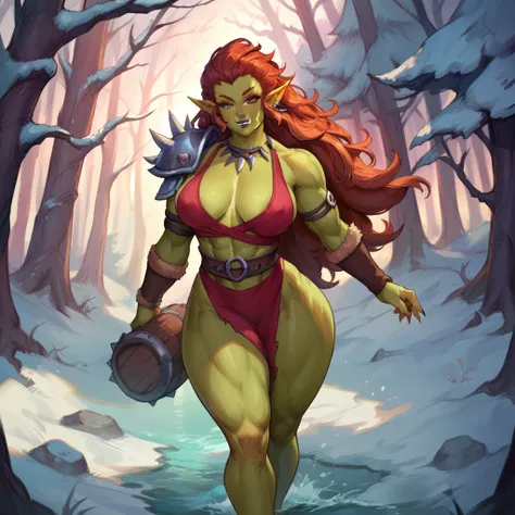 (masterpiece, anthropomorphic fantasy anime style, creative art), a cartoon image of an orc woman standing in the snow, female green orc, a very beautiful berserker woman, female orc forest druid, half-orc half-elf woman, muscular female druid, orc themed,...