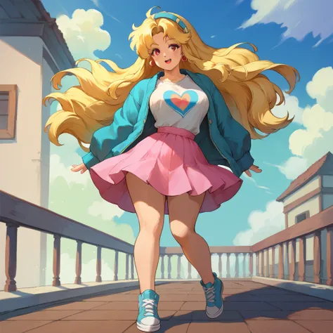 (masterpiece, anthropomorphic fantasy anime style, creative art), a cartoon image of a woman with blonde hair and a pink skirt, full-length portrait of a short person!, full-length commission for, thick, anime full-length illustration, marin kitagawa fanar...