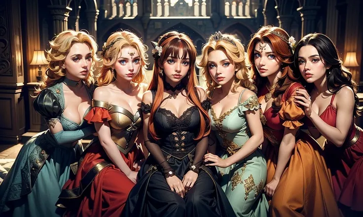 fantasy setting. close up. standing bunched in together. ((2 unique lovely princesses:1.5)), unique personalities, ((each with a unique expression on face:1.5)), (((each with a unique natural hair colored:1.5))), ((red hair)), ((blond hair)), ((black hair)...