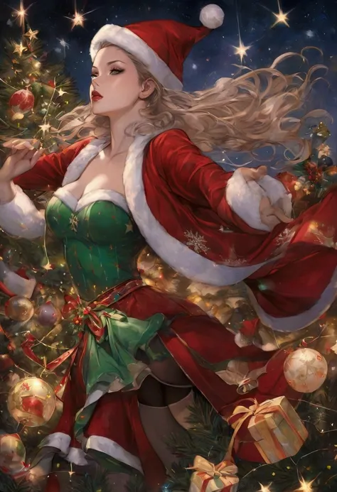 Fantasy illustration capturing a galaxya Christmas, art inspired by Artgerm, Brian M Viveros, Esao Andrews, dynamic up-close view, Elza frozen cat Santa Claus with perfect facial features in double exposure style, joyfully in stars luas throwing confetti a...