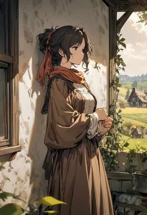 1girl, very pretty, dark hair, (hair scarf), ((19th century)), ((standing)), ((wistful)), ((lonely)), pensive, ((looking away)), simple brown dress, peasant, countryside, cottage, falling leaves, ,Masterpiece, best quality,Perfect Hands,Rubric Maxim,Arthur...