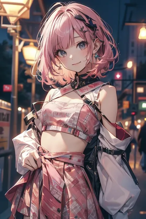 (クリスマスの夜の街で:1.2),smile,1 slim girl,punk_make,flat chest,small breasts,(pink and colorful medium hair:1.2),side_bangs,off_shoulder clothing,bellybutton,(top quality,Best quality,Realistic,photo realistic style,Masterpiece,ultra detailed,ultra high-resolutio...