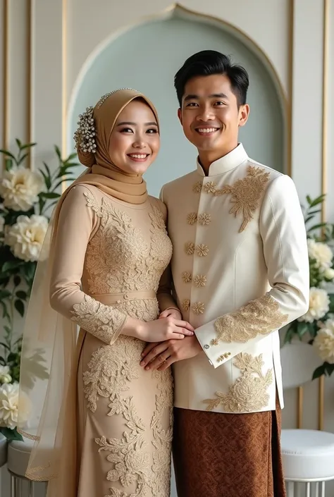 Facing the front, 1 beautiful Indonesian woman, 21 years old, ideal body, ideal dense chest,gold hijab an elegant bun decorated with silver flower ornaments and jasmine flowers, wearing ((traditional Indonesian elegant bridal kebaya dress, typical Balinese...