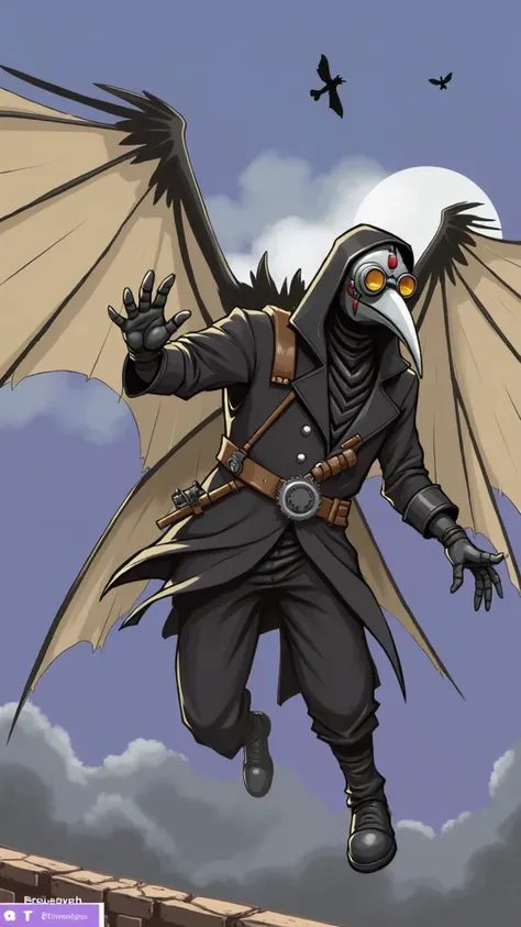 Man, old, wearing black clothing and plague doctor bird mask. Hooded. Has mechanical da vinci wings. Steampunk style. 2-d comic style.