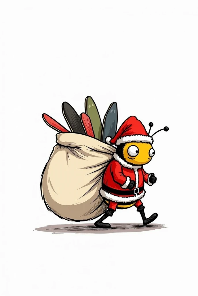 sketchy bee dressed like santa claus with big presents bag full of skateboards on all white background 