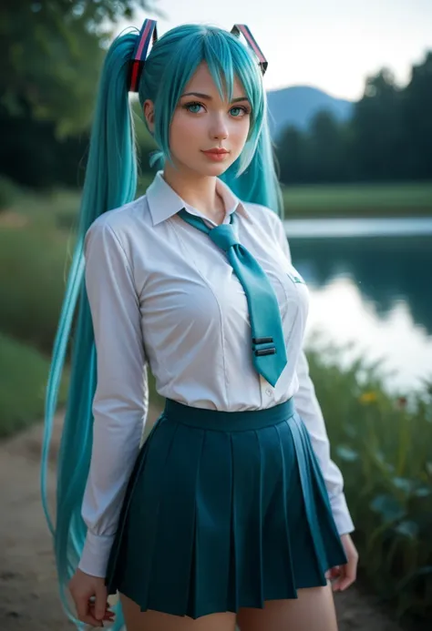 score_9, score_8_up, score_7_up, Western Comics, Cowboy Shot, Hatsune Miku, cute, seductive, innocent, light smile:0.3, plump lips, slender body, very long turquoise pigtails, school uniform like outfit, moonlight passing through hair, night lake backgroun...