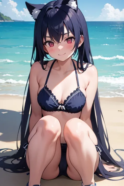 Serika sneakers smiling blushing exited in the lace dark blue bra and collared shirt on the beach
