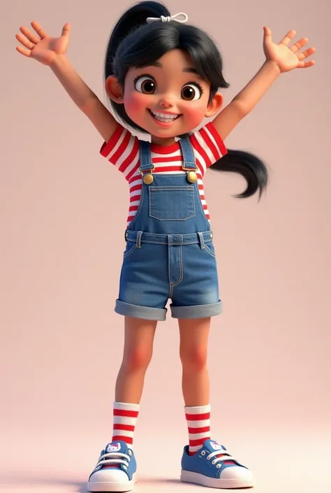 Pixar styler one with black hair with a white ponytail and a happy expression.  She is wearing a denim jumpsuit over a red and white striped t-shirt .  Her socks are striped in red and white ,  and her shoes are blue and white ,  style with a design that s...