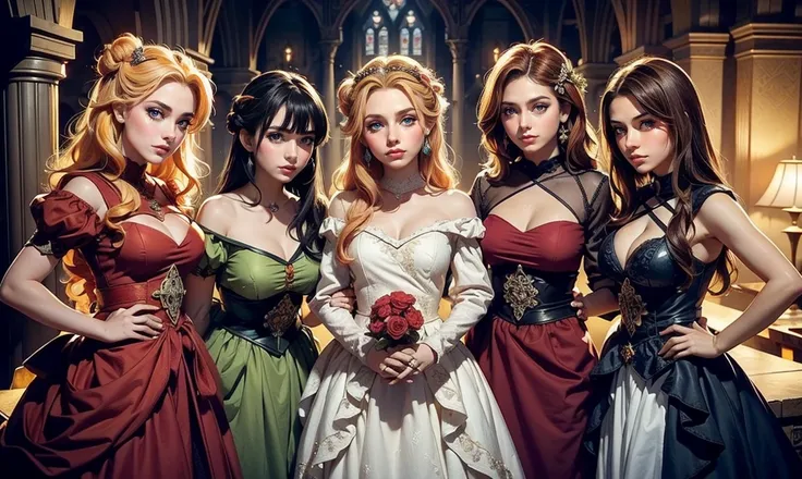 fantasy setting. close up. (((standing bunched in together:1.5))), ((2 unique lovely princesses:1.5)), unique personalities, ((each with a unique expression on face:1.5)), (((each with a unique natural hair colored:1.5))), ((red hair)), ((blond hair)), ((b...