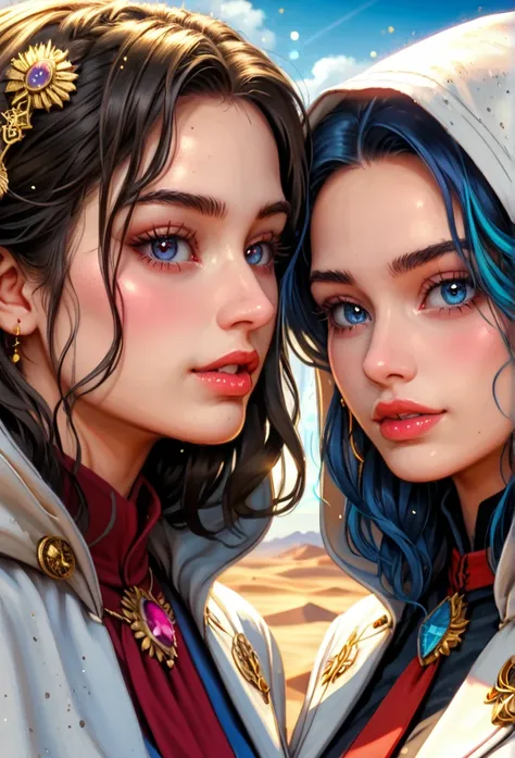 Fantasy Realism style, digital painting, best quality, high detail, 2girls, desert backdrop, dynamic lighting, close-up perspective, rear view, revealing outfits, intricate gold ornaments, hooded cape, gemstone decorations, tan skin, athletic body, soft sh...