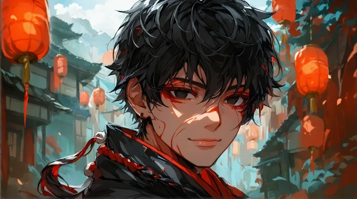 Boy ,black hair,black eyes,black clothes with red accents,exhausted look,smiling,ninja village background,"Naruto anime style design,2D animation style,dramatic lighting,fine lines,stunning assets,stunning asset,stunning animation,animation character and a...