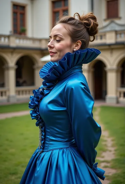 (realistic photograph close up sideways victorian) (a big bust slender waist pleased beautiful orgasm looking lady with (messy hair bun)), (she is wearing (an exaggerated elaborate shiny blue silk high neck dress with (long extremely big puff sleeves), (an...