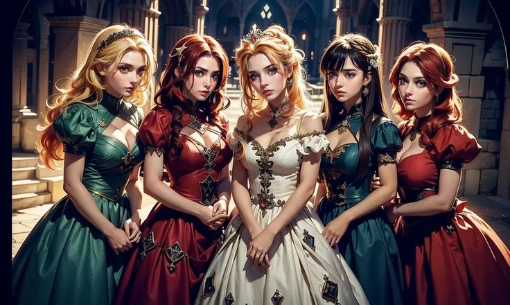 fantasy setting. close up. (((standing bunched in together:1.5))), ((3 unique lovely princesses:1.5)), unique personalities, ((each with a unique expression on face:1.5)), (((each with a unique natural hair colored:1.5))), ((red hair)), ((blond hair)), ((b...