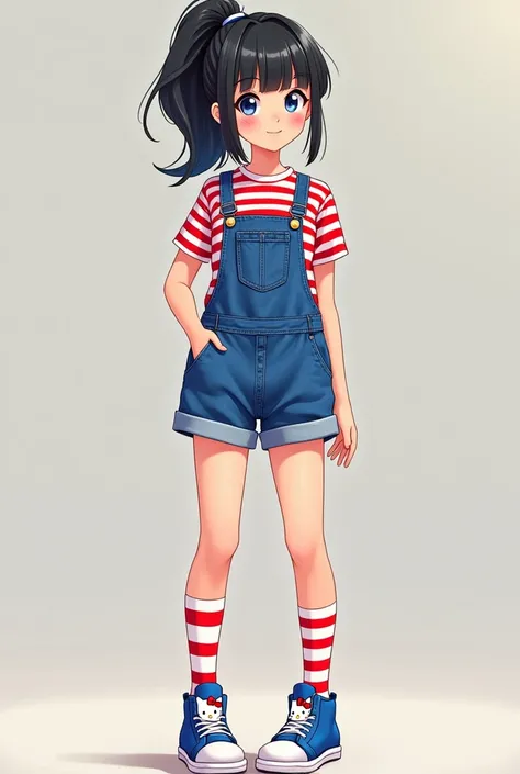 Cartoon one with black hair with a white ponytail and a happy expression.  She is wearing a denim jumpsuit over a red and white striped t-shirt .  Her socks are striped in red and white ,  and her shoes are blue and white ,  style with a design that seems ...