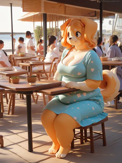 (Real World) , (Made of clay, photo of realistic clay figure) , furry female dog , chubby , twin tail hair , A worn-out summer dress , Cleavage , on the photo booth , Commemorative photo taken together , upskirt , bottom underwear , Restaurant entrance , s...