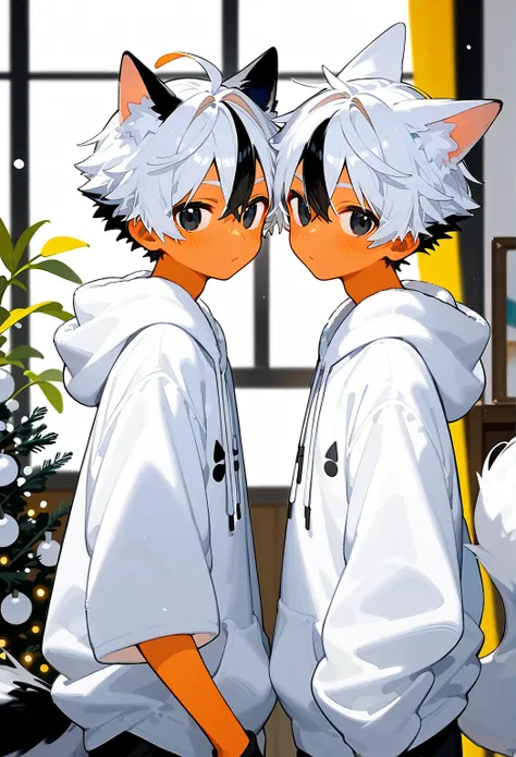 2boy,black eyes, Fox Ears,white hair,white ends of hair,muliticolored hair,looking at viewer,cute boy,white oversized hoodie,living room background,Anime, Anime Style,13year old boy,wolf tail,black tip on tail,cat ears hoodie,snow fall,blush, Close-Up, Fro...