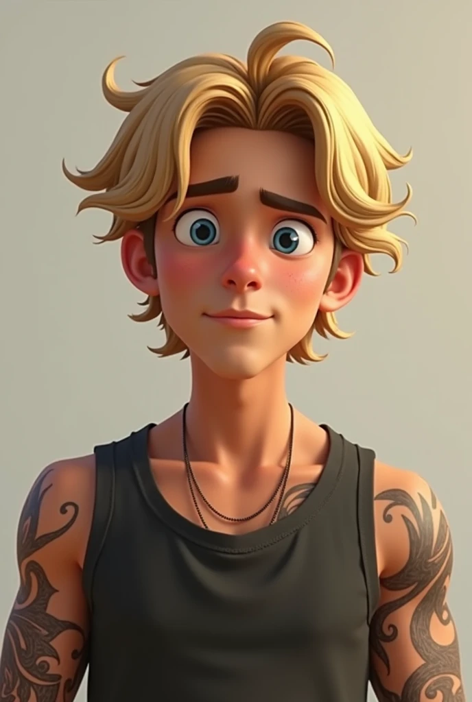  an animation of a blond teenager, handsome and attractive, with wavy hair,  tattooed arms, ojos azules, But realistic, That the type of face is square and with a very marked chin, looking intently at the camera


