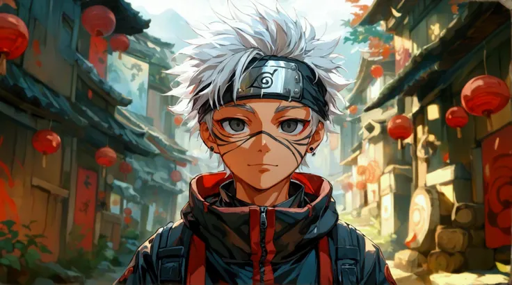 Boy ,medium white hair,black eyes,black baggy clothes with red accents,fearful look,smiling,ninja village background,"Naruto anime style design,2D animation style,dramatic lighting,fine lines,stunning assets,stunning asset,stunning animation,animation char...