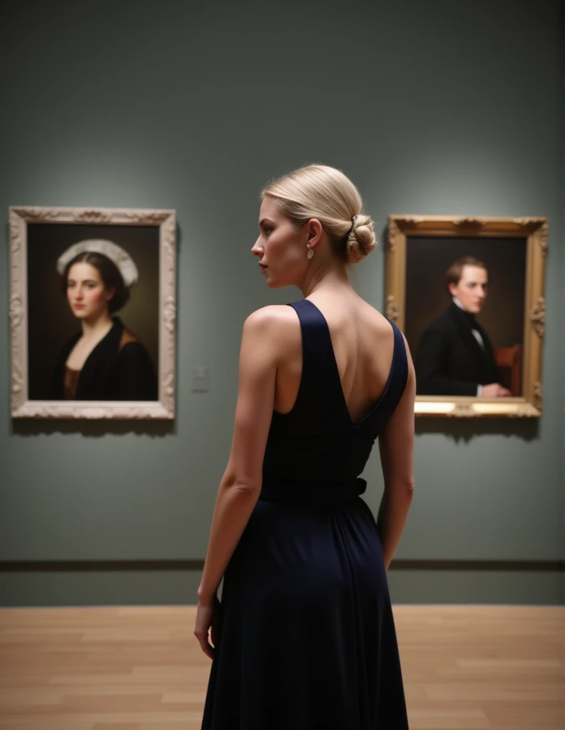 A photo of a (woman in elegant attire:1.2), (classic portraits:1.1) on the walls, (contrasting modernity and tradition:1.3), minimalistic gallery interior, subdued color palette, (back turned to camera:1.1), thoughtful ambiance, (dialogue between past and ...