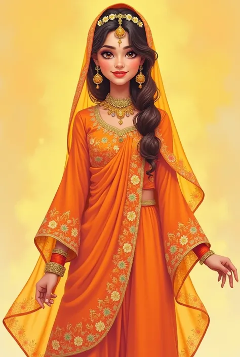 A illustration of a simple shy happy
 haldi bride wearing orange pakistani attire and trouser with flue sleeves, floral jewellery and floral gajra , standing frontal