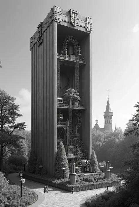 Black and white photograph of a giant pencil case serving as an amusement park 