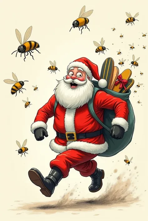 sketched Santa Claus with a gift bag filled with skateboards who escapes from a swarm of bees