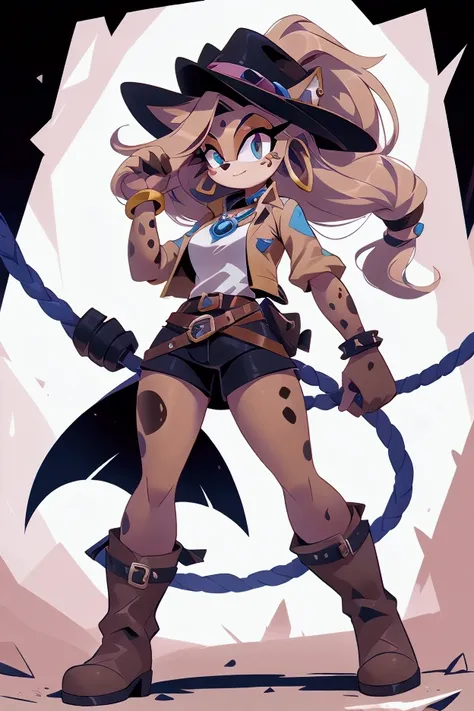 A female character with characteristics used in the IDWs Sonic universe.whole body.CHARACTERISTICS;ocelot .outfit;Oshen-i,bracelet, gadget belt,necklase,earrings, bull whip, fedora, explorer clothes, brown boots colors are ; tan and brown, she’s fast, agil...