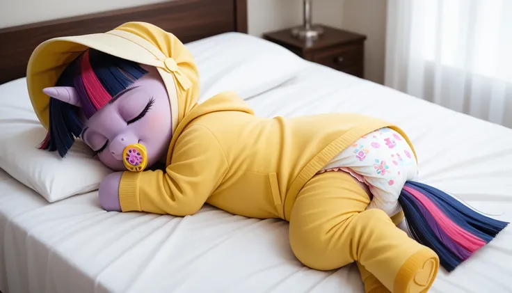 pony unicorn alone ,  Twilight Sparkle , filly , the mane is assembled in a yellow bonnet ,  dark blue tail with a purple strand and a pink strand,  closed eyes, sleeping while lying in bed, dressed in a yellow onesie, yellow pacifier in mouth, solo, thick...